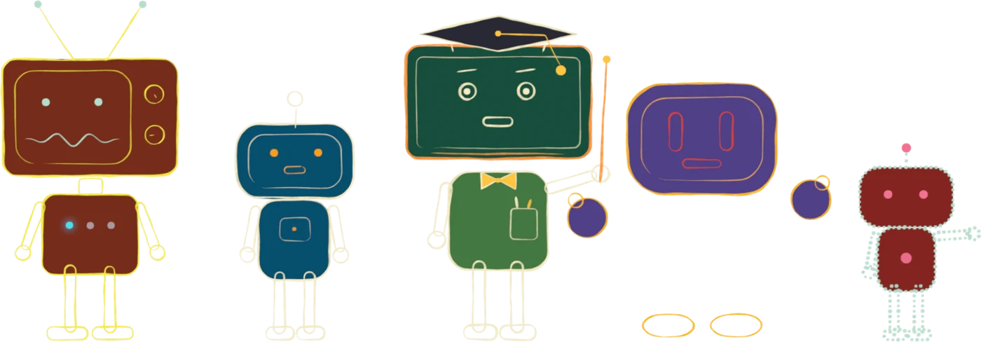 Retro, Byte, Chalk, Floaty and Dotbot, the robots of the channel
